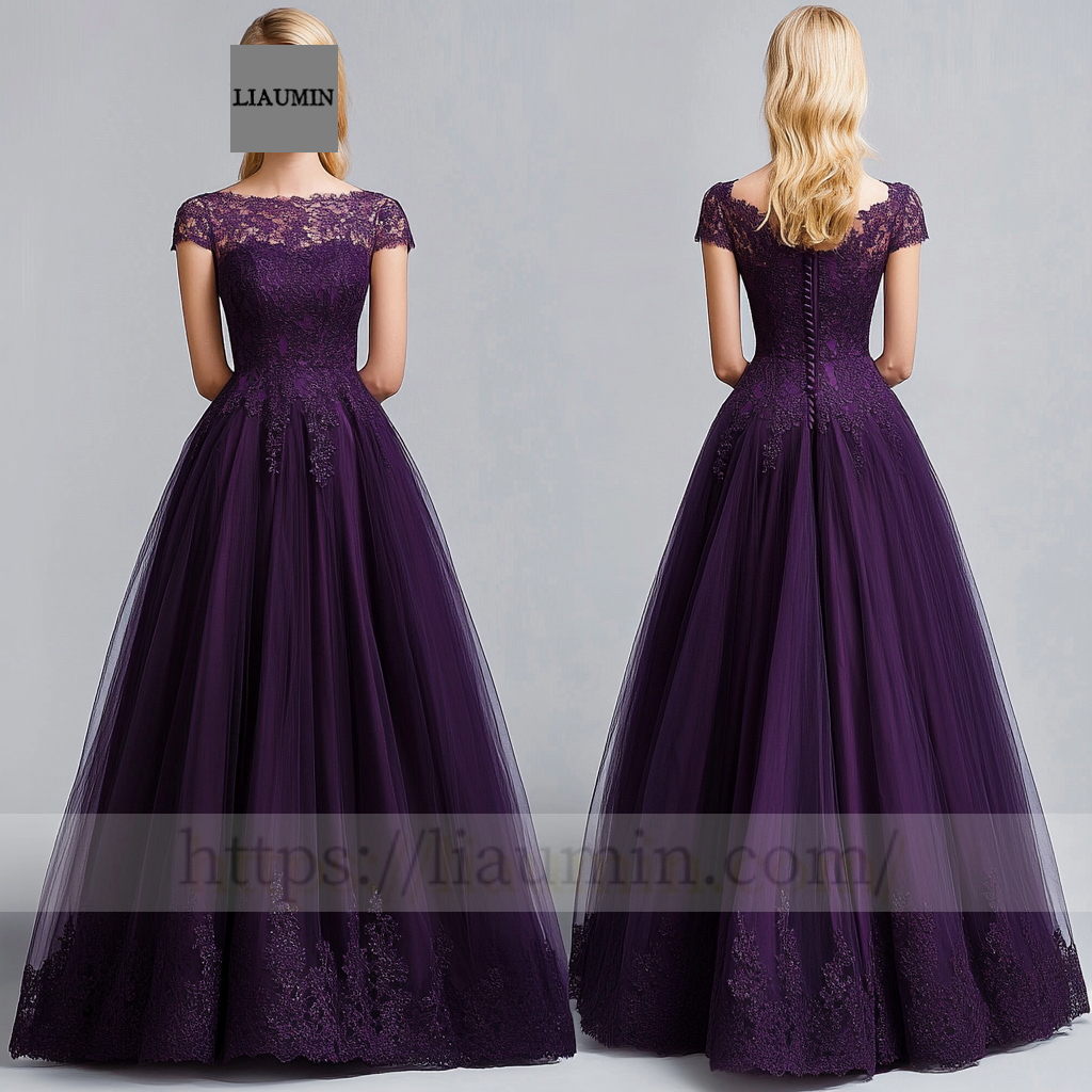 Custom Purple Tulle With Lace Applique Cap Sleeve Wedding Evening Prom Formal Lace Up Back Princess Dress C-5.7