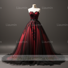 Load image into Gallery viewer, Custom Made Red Tulle Black Lace Applique Strapless Evening Party Prom Formal Dress B-5.7
