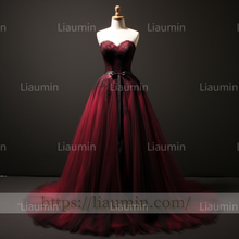 Load image into Gallery viewer, Hand Made Red Tulle Black Lace Applique Lace Up Back Evening Party Prom Formal Dress B-5.8
