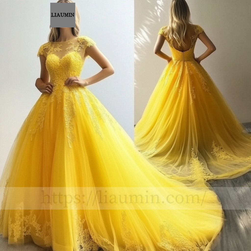 Custom Yellow Tulle With Lace Applique Cap Sleeve Wedding Evening Prom Formal Lace Up Back Princess Dress C-5.8