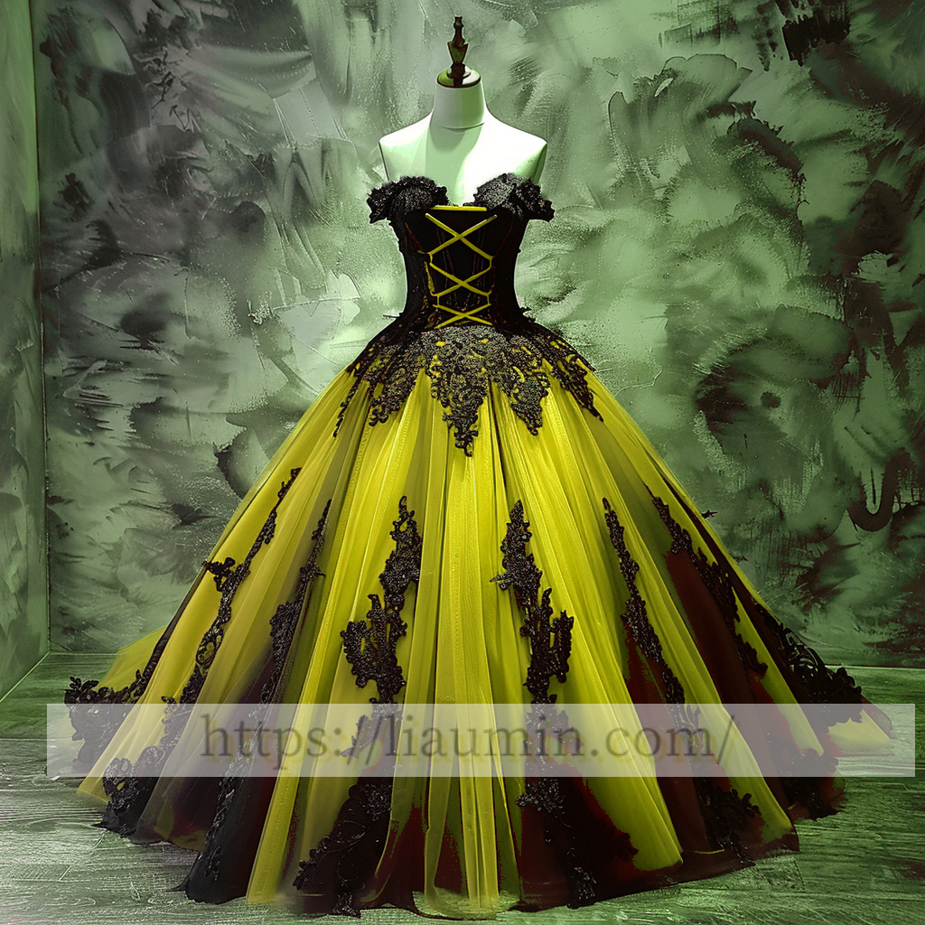 Black Lace Applique Strapless Full Length Evening Party Prom Princess Dress  W13-5