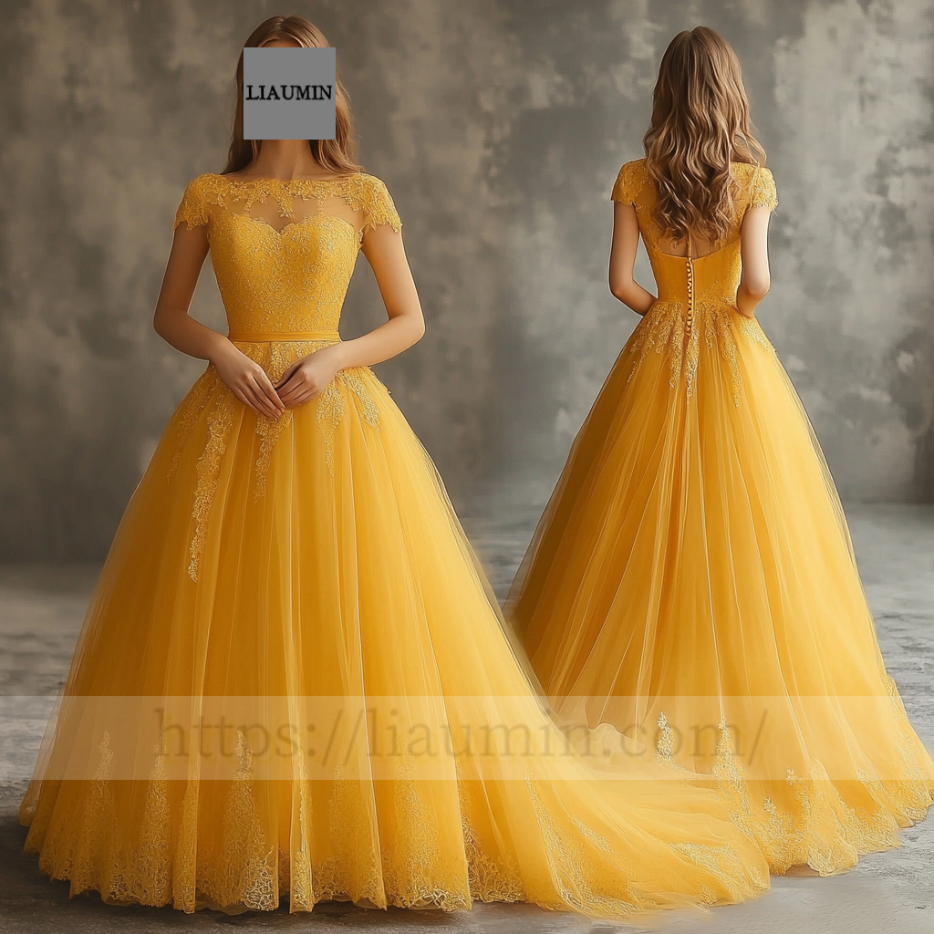 Custom Yellow Tulle With Lace Applique Cap Sleeve Wedding Evening Prom Formal Lace Up Back Princess Dress C-5.9