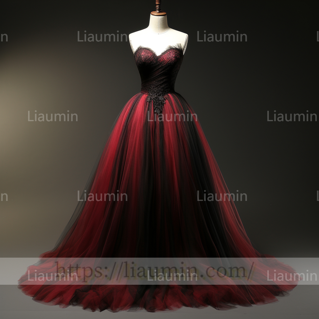 Custom Hand Made Red Tulle Black Lace Applique Strapless Evening Party Prom Formal Dress B-5.9