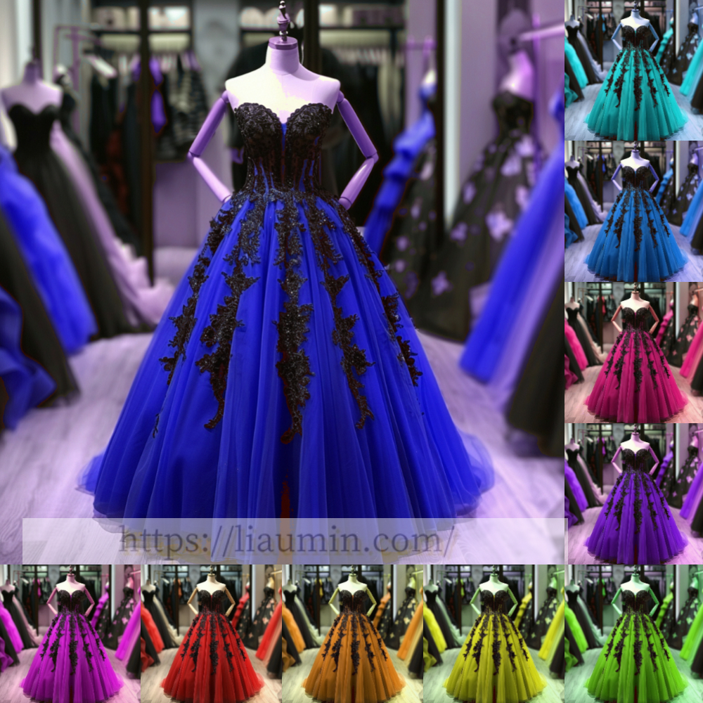 Black Lace Applique Strapless Full Length Lace Up Back Evening Party Prom Princess Dress  W13-6