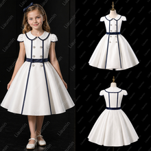 Load image into Gallery viewer, Cute White A-Line Flower Girl Dress with Navy Blue Ribbon Elegant Kids Evening Dress for Birthday and Communion W22.63
