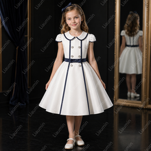 Load image into Gallery viewer, Cute White A-Line Flower Girl Dress with Navy Blue Ribbon Elegant Kids Evening Dress for Birthday and Communion W22.63
