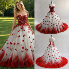 Load image into Gallery viewer, Luxury Red Butterfly Sweetheart Neck Strapless Ball Gown Bridal Dress Lace Applique Tulle Princess Wedding Gown Cutomized W22.65
