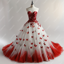 Load image into Gallery viewer, Luxury Red Butterfly Sweetheart Neck Strapless Ball Gown Bridal Dress Lace Applique Tulle Princess Wedding Gown Cutomized W22.65
