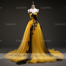 Load image into Gallery viewer, Custom Hand Made Yellow Tulle Black Lace Applique Lace Up Back Evening Party Prom Wedding Formal Dress B-6.10
