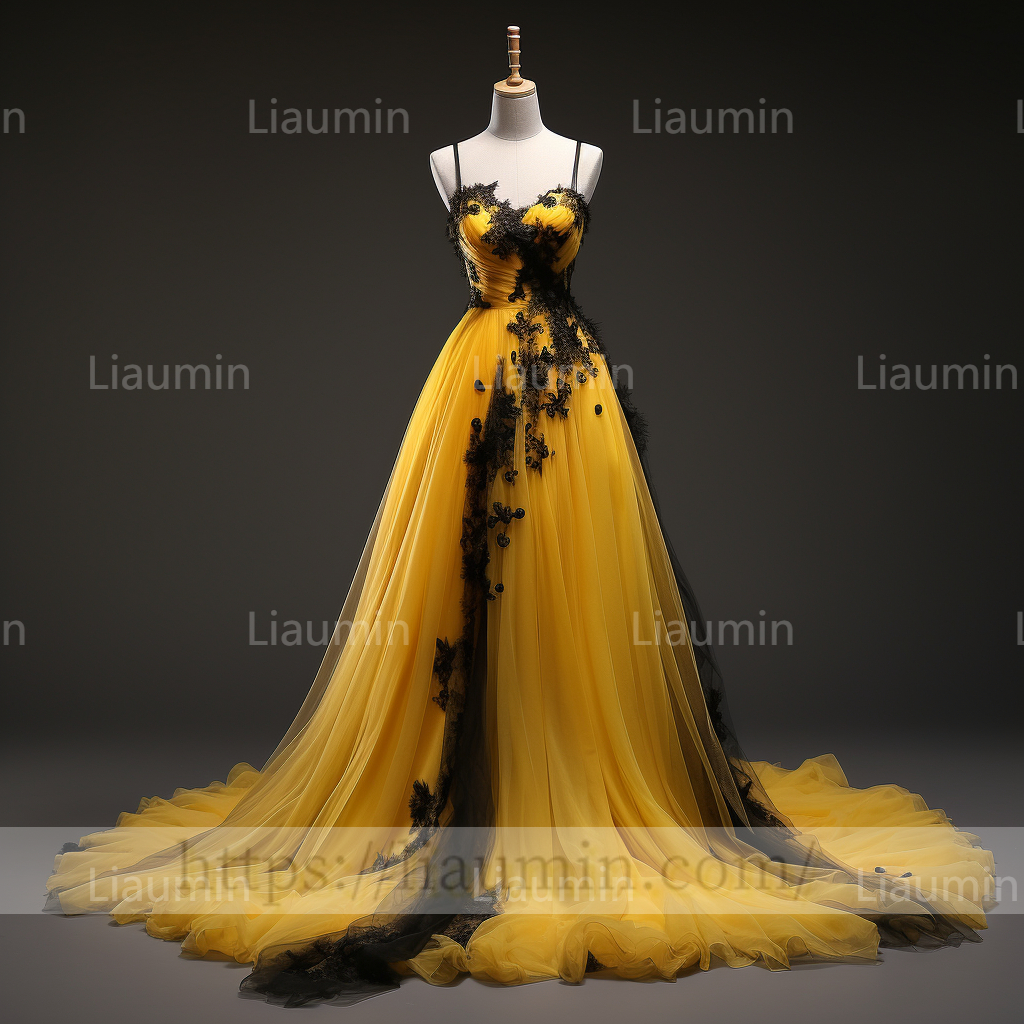 Custom Hand Made Yellow Tulle Black Lace Applique Lace Up Back Evening Party Prom Wedding Formal Dress B-6.10