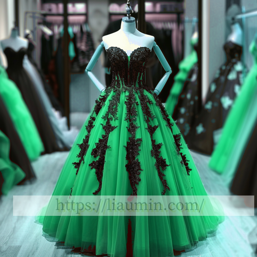 Black Lace Applique Strapless Full Length Lace Up Back Evening Party Prom Princess Dress  W13-6