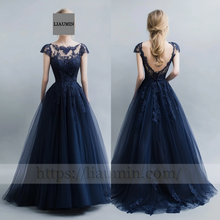 Load image into Gallery viewer, Custom Navy Blue Tulle With Lace Applique Cap Sleeve Wedding Evening Prom Formal Lace Up Back Princess Dress C-6.1
