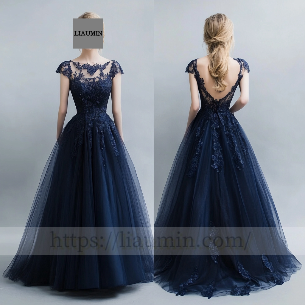 Custom Navy Blue Tulle With Lace Applique Cap Sleeve Wedding Evening Prom Formal Lace Up Back Princess Dress C-6.1