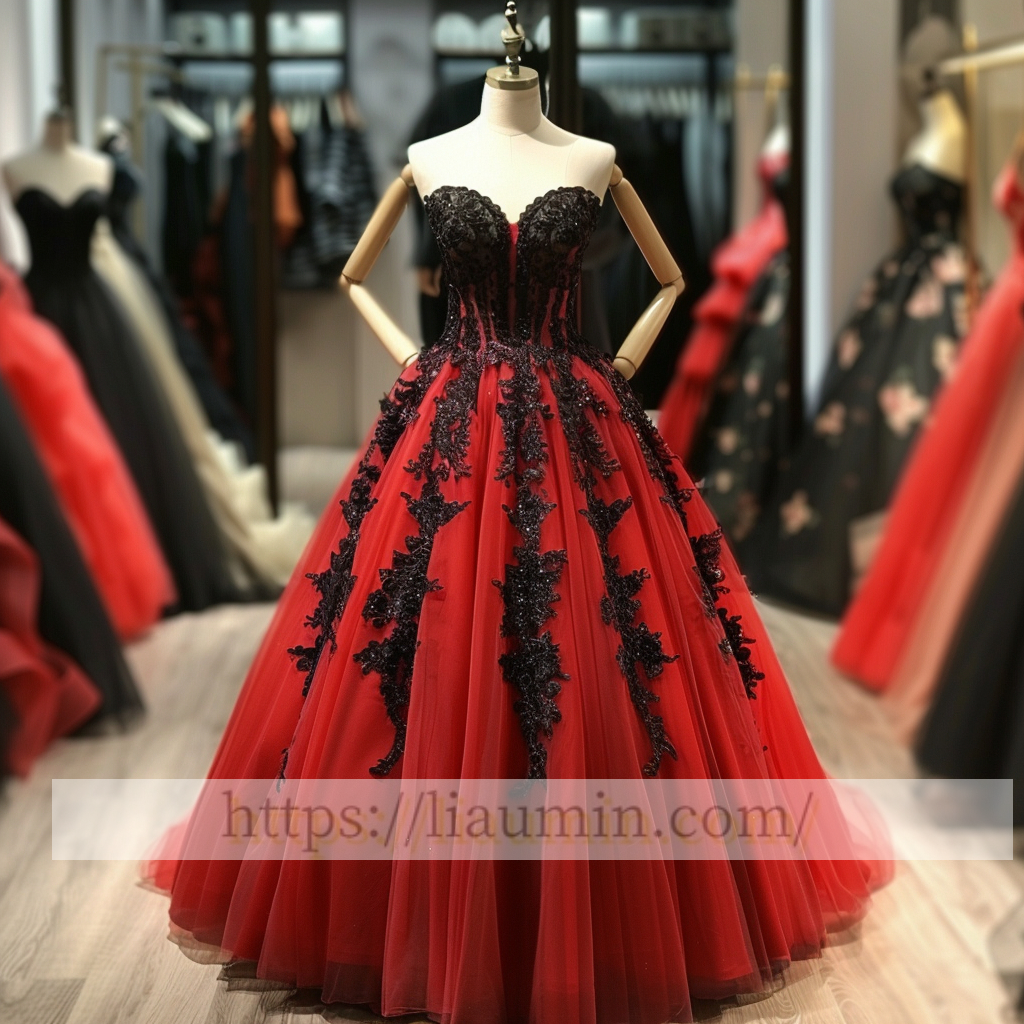 Black Lace Applique Strapless Full Length Lace Up Back Evening Party Prom Princess Dress  W13-6