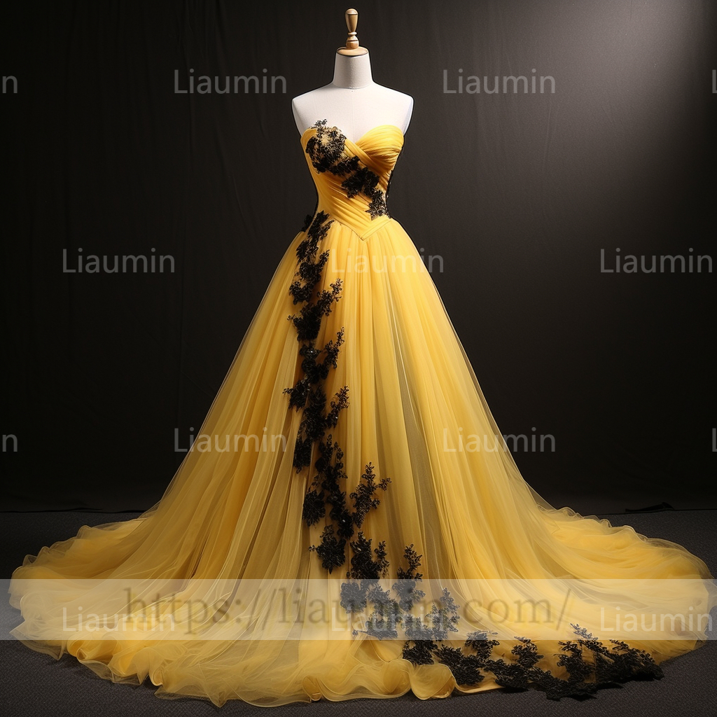 Custom Hand Made Yellow Tulle Black Lace Applique Strapless Evening Party Prom Formal Dress B-6.1