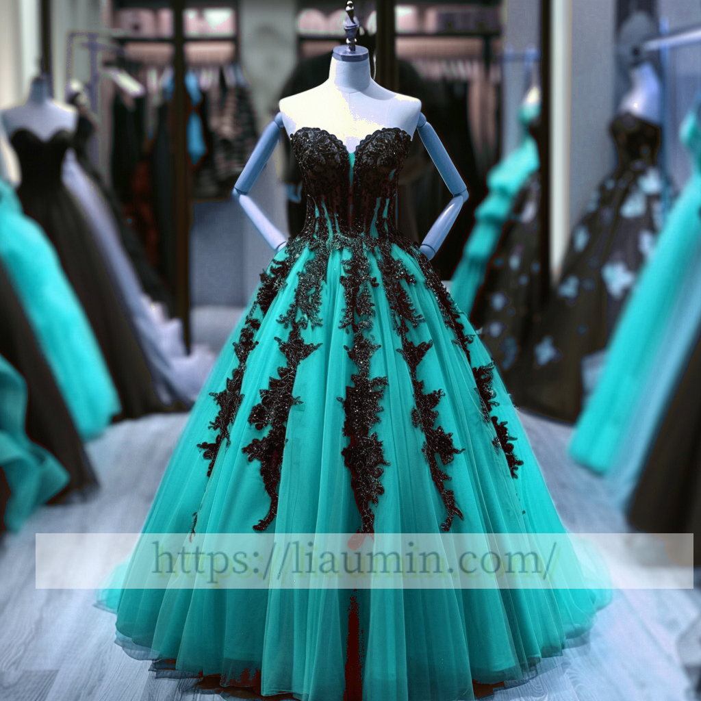 Black Lace Applique Strapless Full Length Lace Up Back Evening Party Prom Princess Dress  W13-6