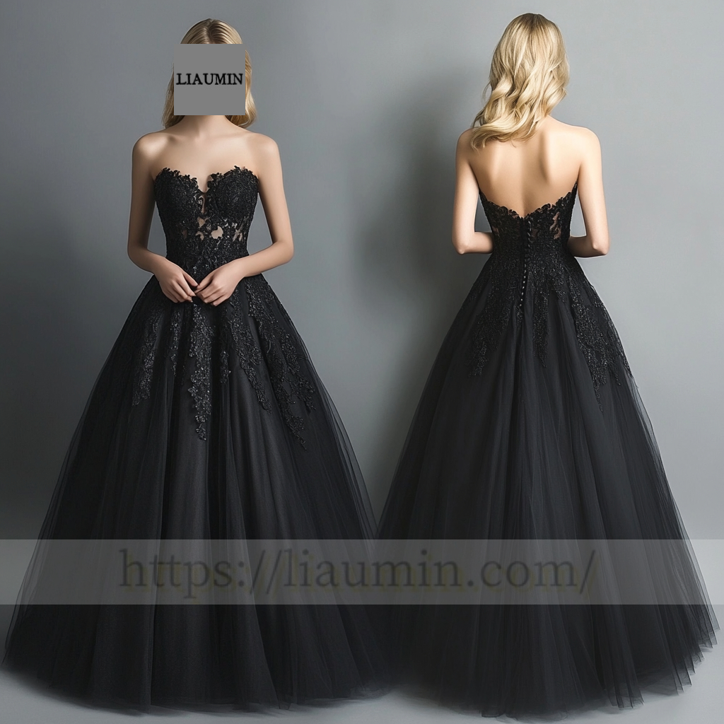 Custom Black Tulle With Lace Applique Lace-up Back Wedding Evening Prom Formal Lace Up Back Princess Dress C-6.2