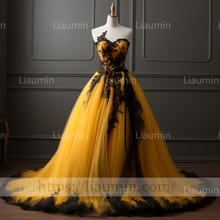 Load image into Gallery viewer, Hand Made Yellow Tulle Black Lace Applique Lace Up Back Evening Party Prom Formal Dress B-6.2
