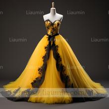 Load image into Gallery viewer, Custom Hand Made Yellow Tulle Black Lace Applique Strapless Evening Party Prom Formal Dress B-6.3
