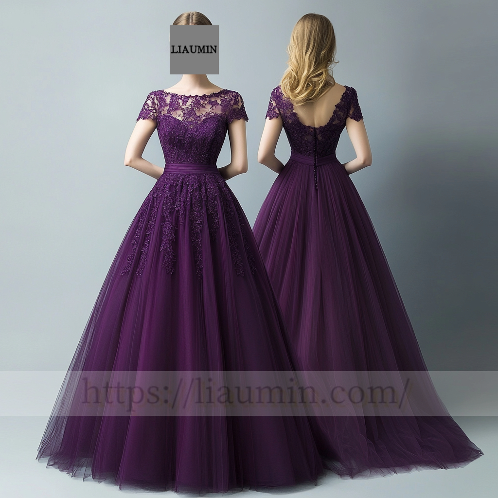 Custom Purple Tulle With Lace Applique Lace-up Back Wedding Evening Prom Formal Lace Up Back Princess Dress C-6.3