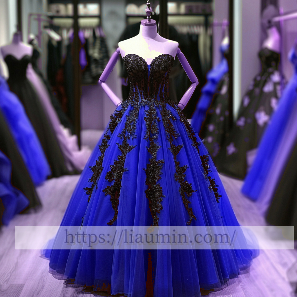 Black Lace Applique Strapless Full Length Lace Up Back Evening Party Prom Princess Dress  W13-6