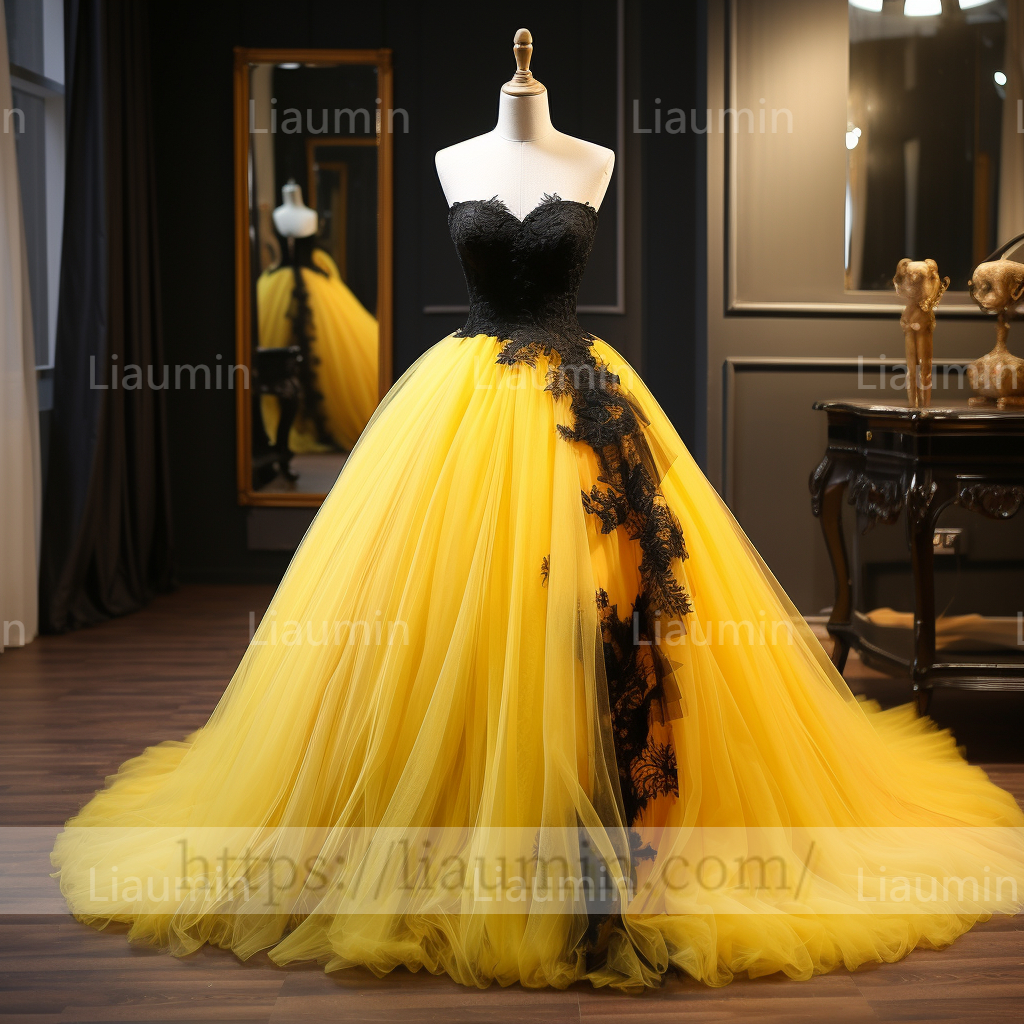 Hand Made Yellow Tulle Black Lace Applique Lace Up Back Evening Party Prom Formal Dress B-6.4