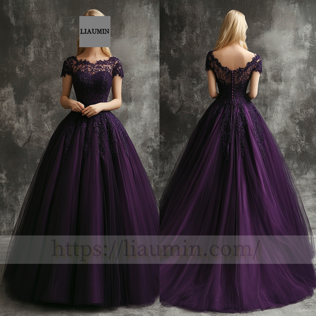 Custom Purple Tulle With Lace Applique Lace-up Back Wedding Evening Prom Formal Lace Up Back Princess Dress C-6.4