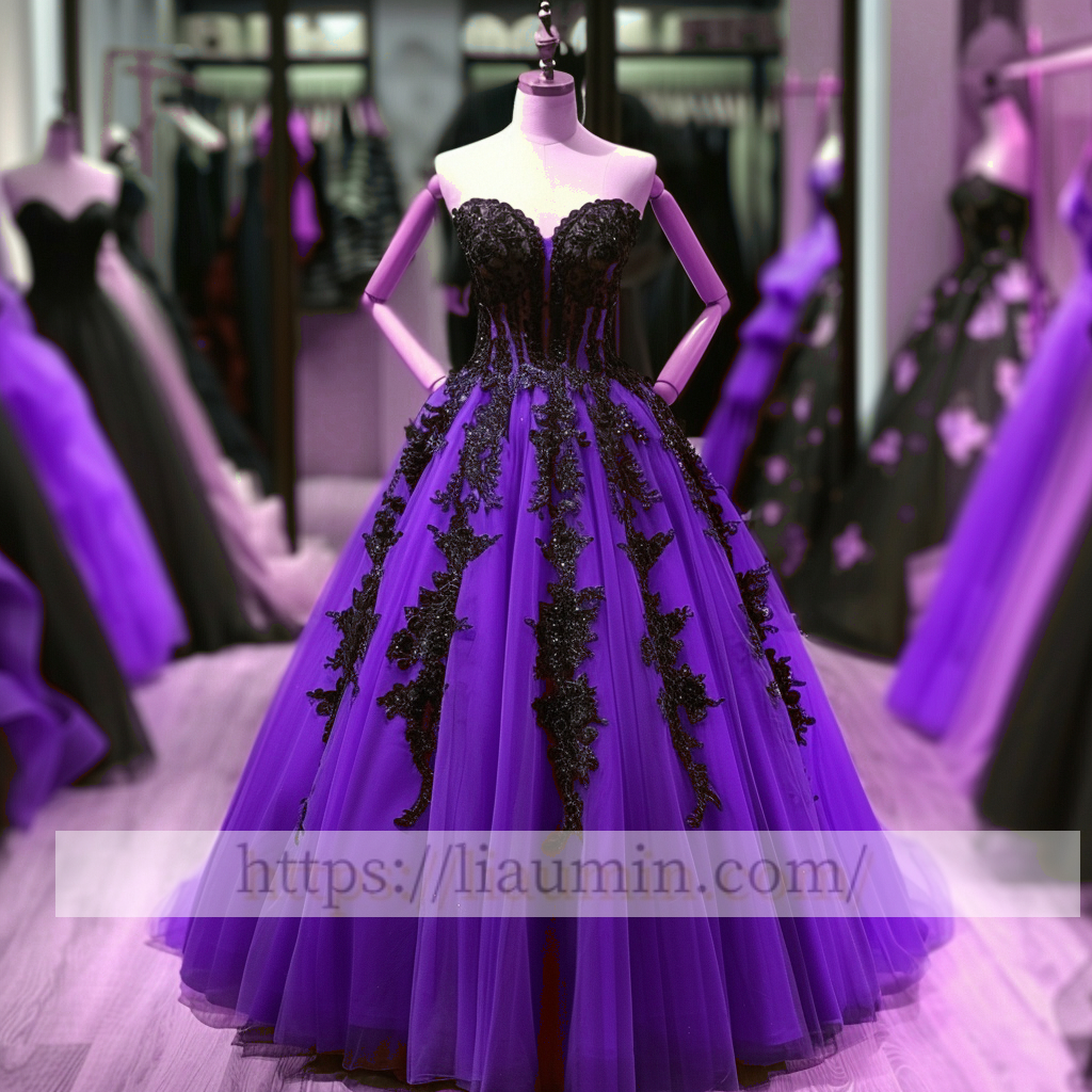 Black Lace Applique Strapless Full Length Lace Up Back Evening Party Prom Princess Dress  W13-6