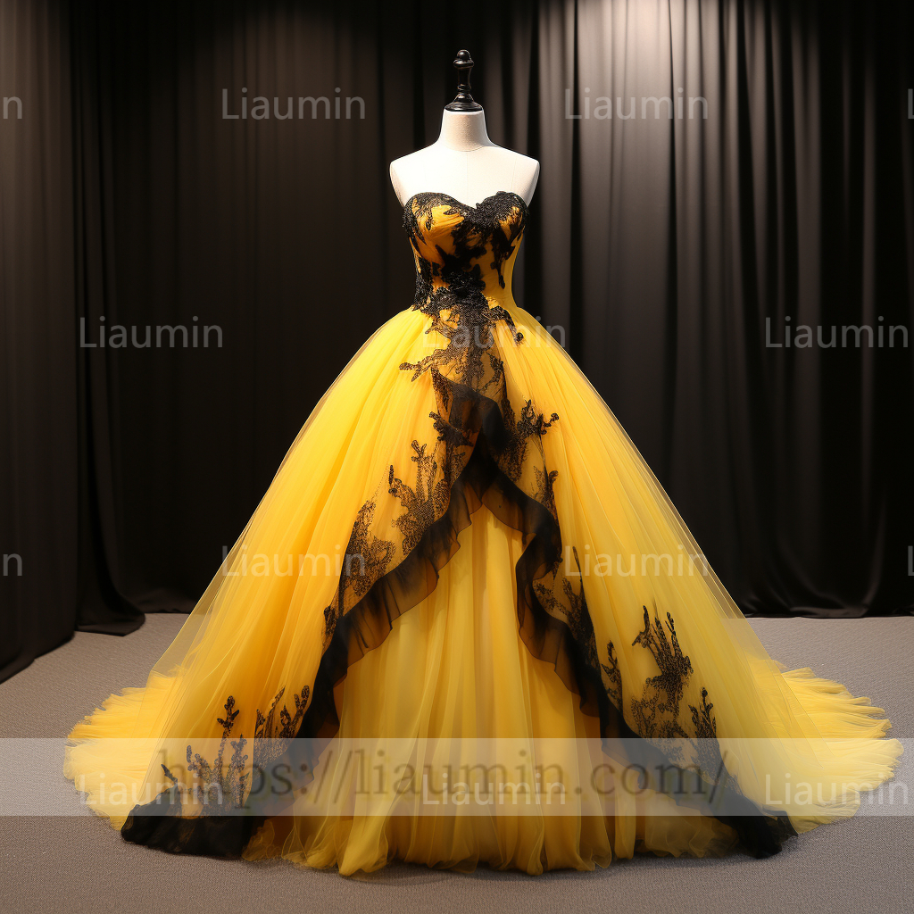 Custom Hand Made Yellow Tulle Black Lace Applique Strapless Evening Party Prom Formal Dress B-6.5