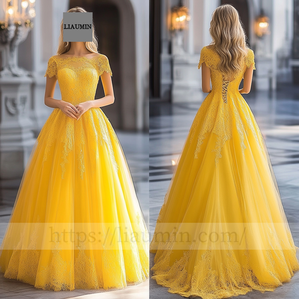 Custom Yellow Tulle With Lace Applique Wedding Evening Prom Formal Lace Up Back Princess Dress C-6.5