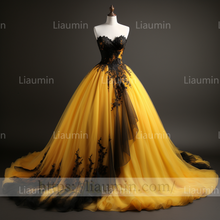 Load image into Gallery viewer, Hand Made Yellow Tulle Black Lace Applique Lace Up Back Evening Party Prom Formal Dress B-6.6
