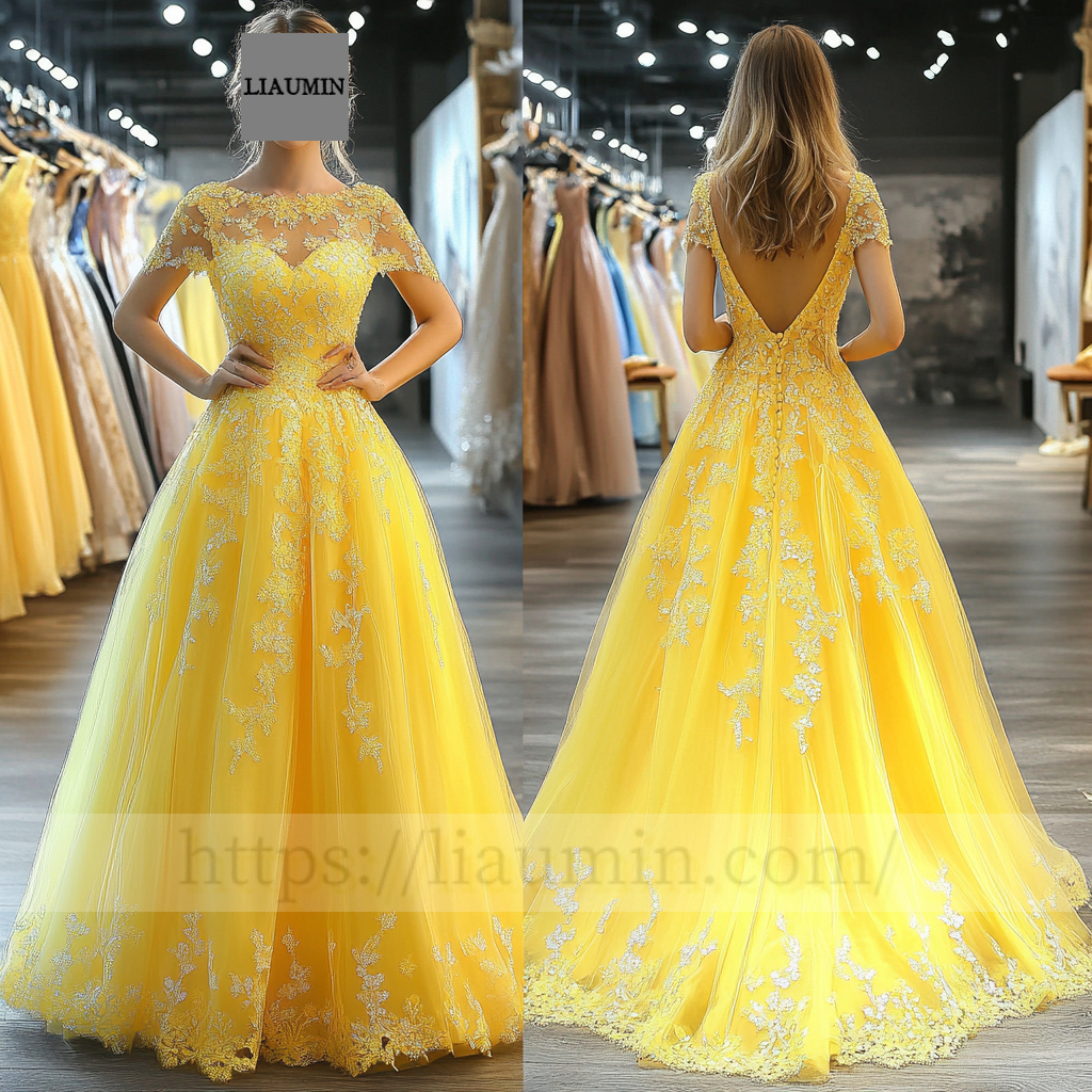 Custom Yellow Tulle With Lace Applique Wedding Evening Prom Formal Lace Up Back Princess Dress C-6.6