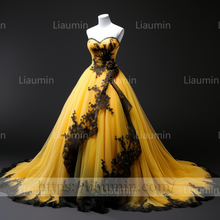 Load image into Gallery viewer, Custom Made Yellow Tulle Black Lace Applique Strapless Evening Party Prom Formal Dress B-6.7
