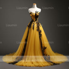 Load image into Gallery viewer, Hand Made Yellow Tulle Black Lace Applique Lace Up Back Evening Party Prom Wedding Formal Dress B-6.8
