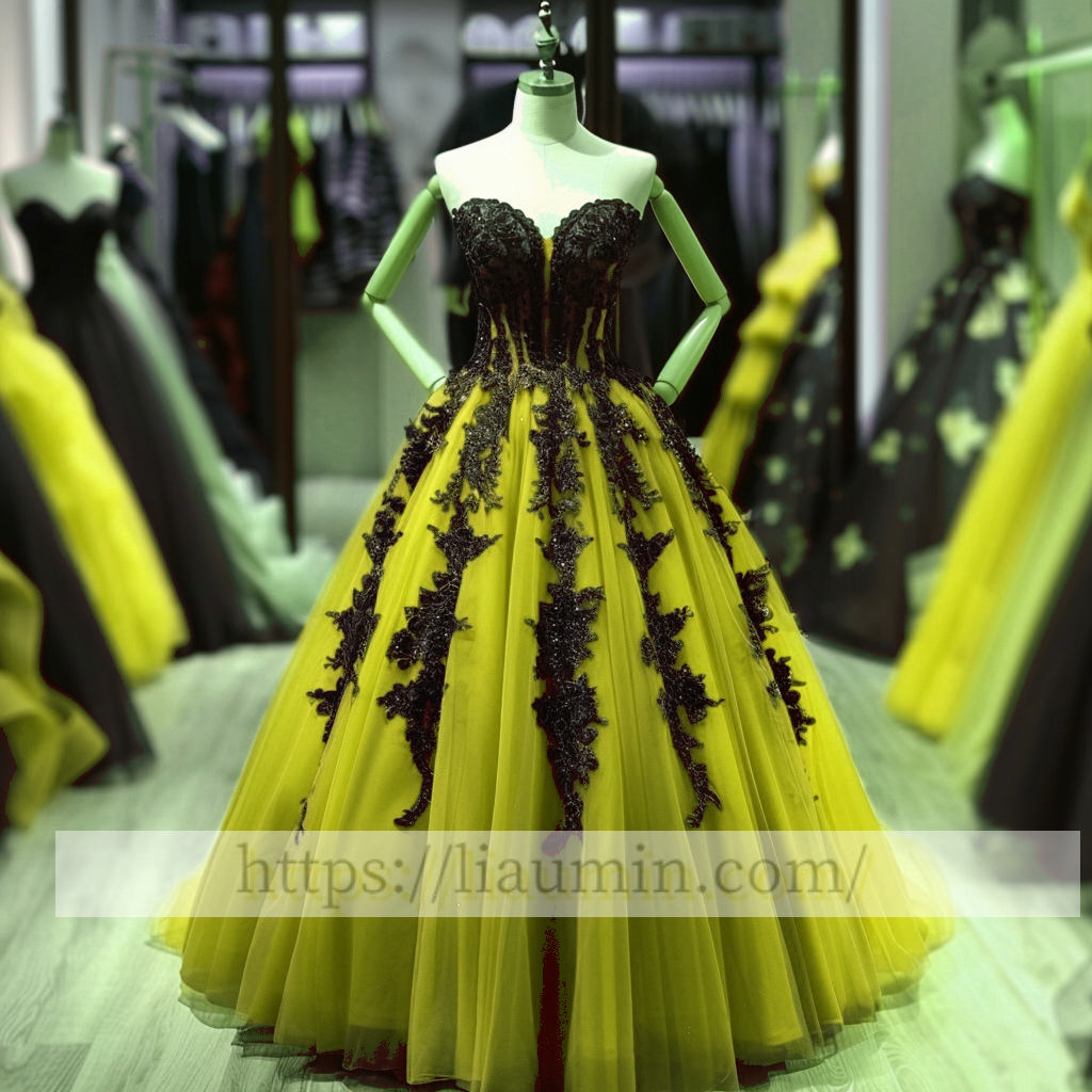 Black Lace Applique Strapless Full Length Lace Up Back Evening Party Prom Princess Dress  W13-6