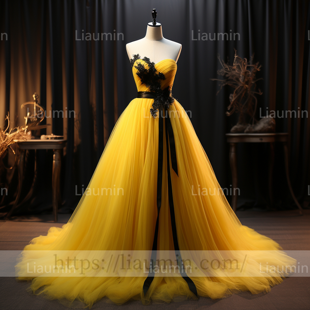 Custom Made Yellow Tulle Black Lace Applique Strapless Evening Party Prom Formal Dress B-6.9