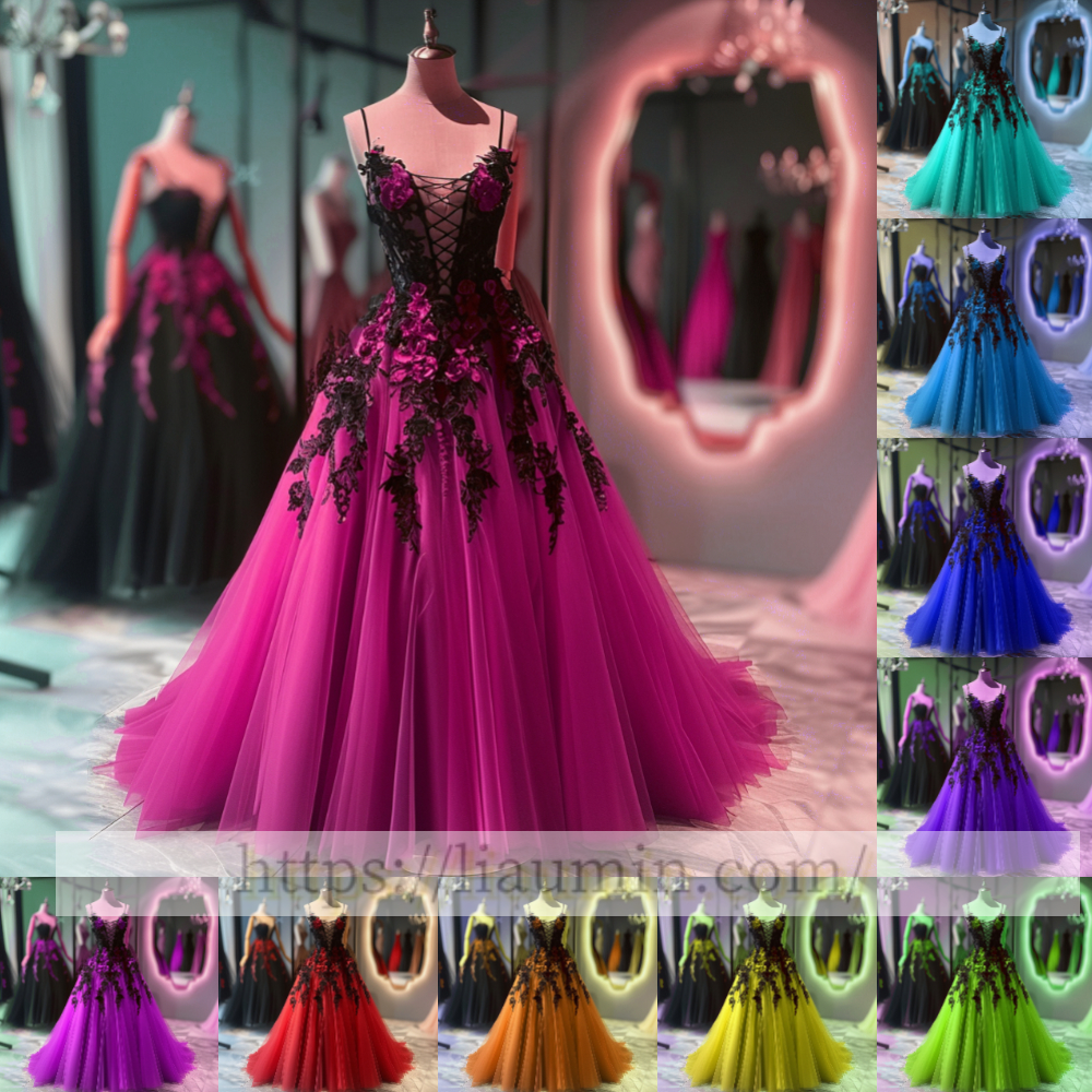 Black Lace Applique Strapless Full Length Lace Up Back Evening Party Prom Princess Dress  W13-7