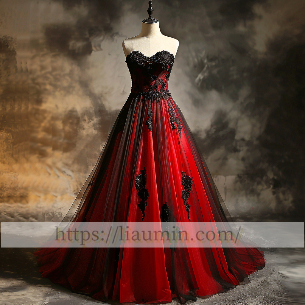 New Red and Black Tulle Strapless Full Length Evening Prom Wedding Formal Princess Dress Hand Made W15-7.10