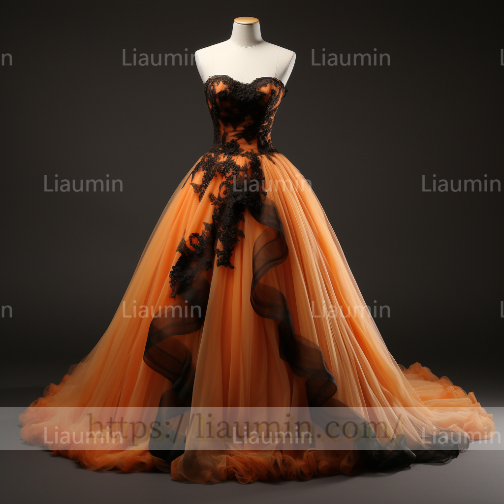 Custom Made Orange Tulle Black Lace Applique Strapless Evening Party Prom Formal Dress B-7.10