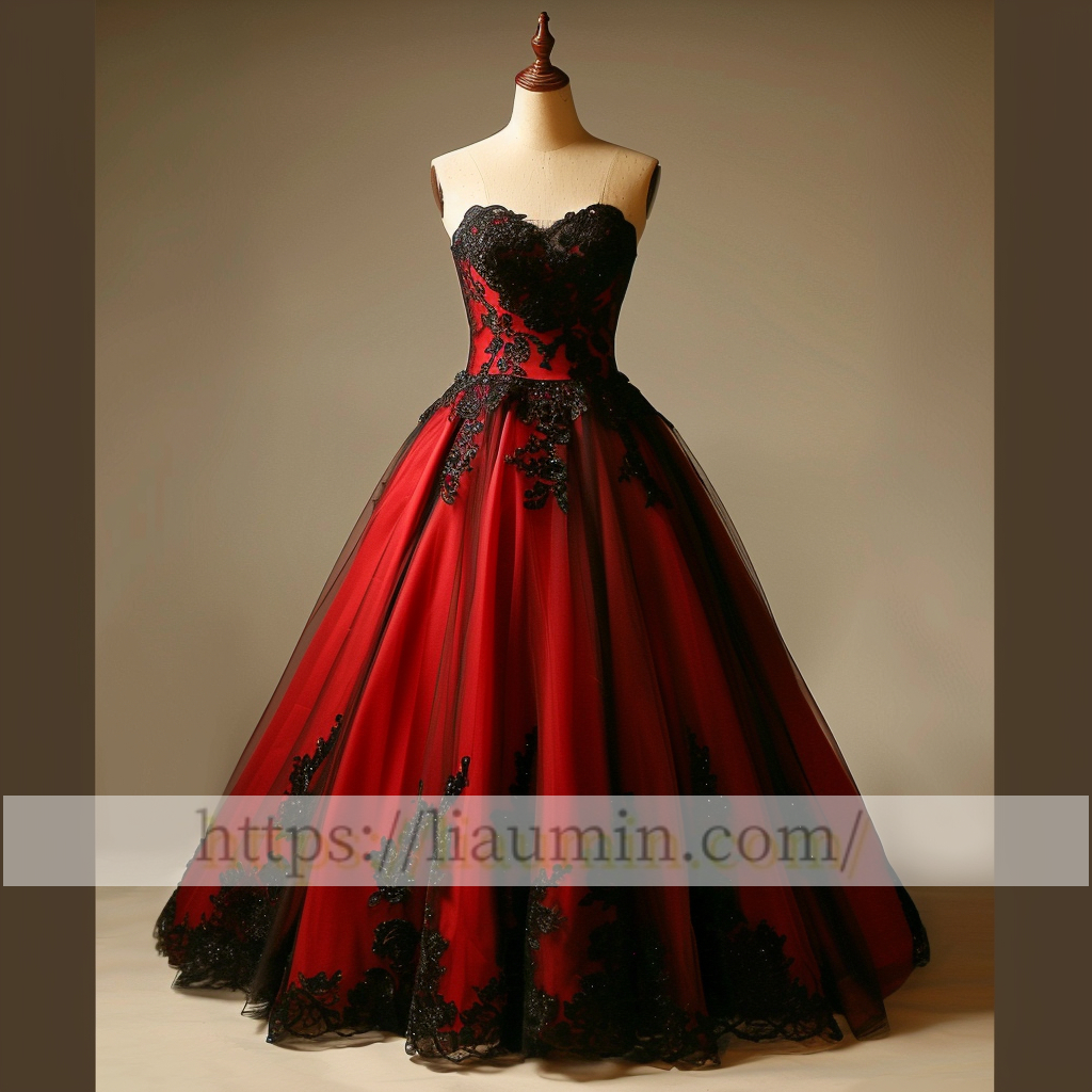 New Red and Black Tulle Strapless Full Length Evening Prom Wedding Formal Princess Dress Hand Made W15-7.11