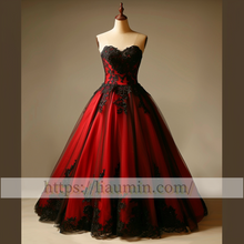 Load image into Gallery viewer, New Red and Black Tulle Strapless Full Length Evening Prom Wedding Formal Princess Dress Hand Made W15-7.11
