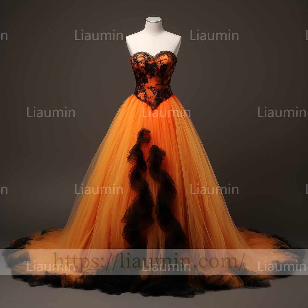 Custom Made Orange Tulle Black Lace Applique Lace Up Back Evening Party Prom Wedding Formal Dress B-7.11