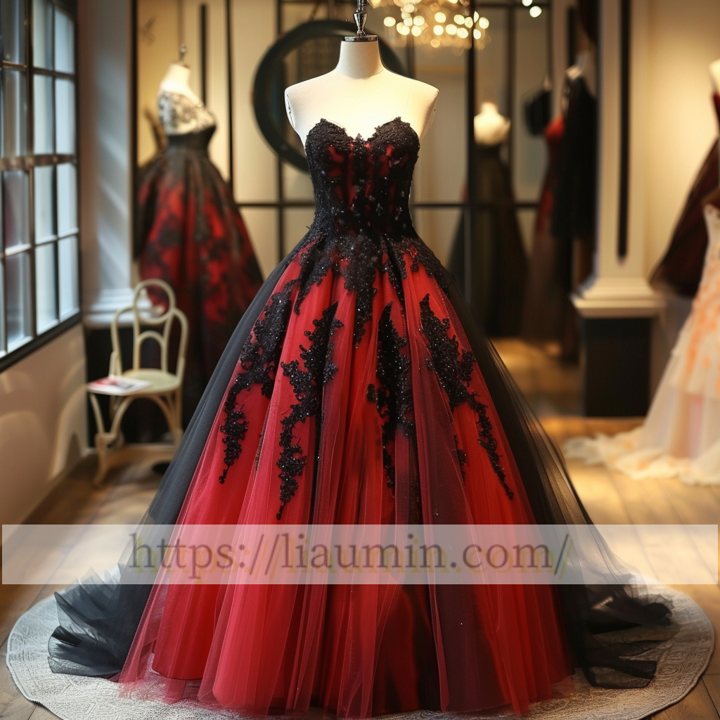 Red and Black Tulle Strapless Full Length Evening Prom Wedding Formal Princess Dress Hand Made W15-7.12