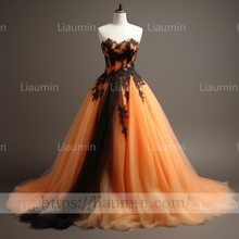 Load image into Gallery viewer, Custom Made Orange Tulle Black Lace Applique Strapless Evening Party Prom Formal Dress B-7.12
