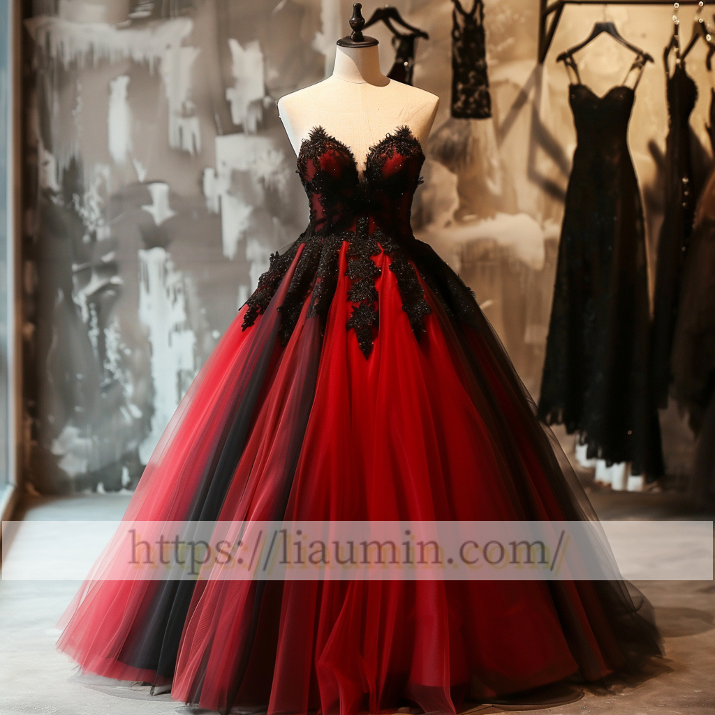 Red and Black Tulle Strapless Full Length Evening Prom Wedding Formal Princess Dress Hand Made W15-7.13