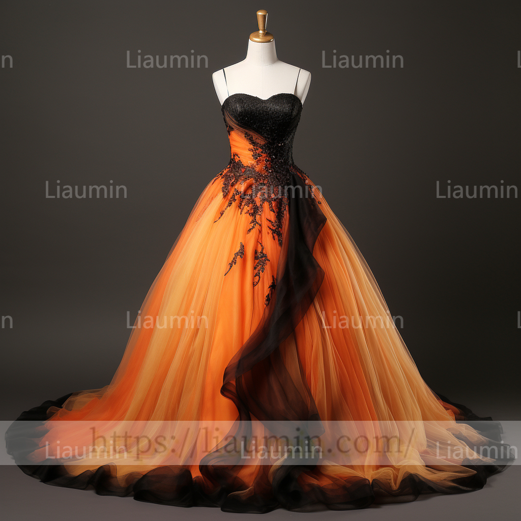 Custom Made Orange Tulle Black Lace Applique Lace Up Back Evening Party Prom Wedding Formal Dress B-7.13