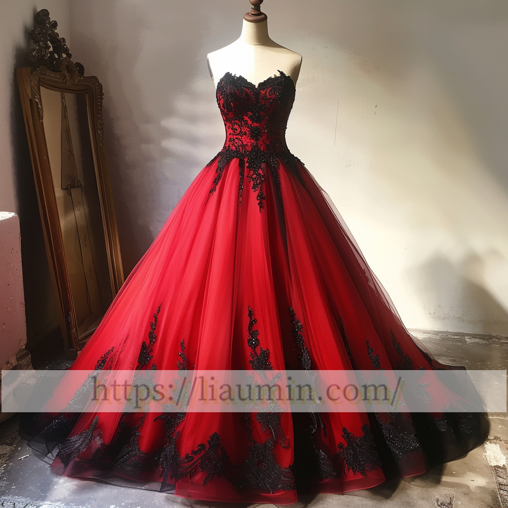 Red and Black Tulle Strapless Full Length Evening Prom Wedding Formal Princess Dress Hand Made W15-7.14