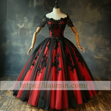 Load image into Gallery viewer, Red and Black Tulle Strapless Full Length Evening Prom Wedding Formal Princess Dress Hand Made W15-7.15
