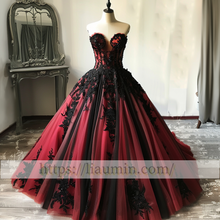 Load image into Gallery viewer, New Red and Black Tulle Strapless Full Length Evening Prom Wedding Formal Princess Dress Hand Made W15-7.16
