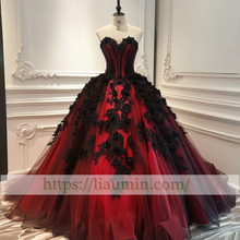 Load image into Gallery viewer, Red and Black Tulle Strapless Full Length Evening Prom Wedding Formal Princess Dress Hand Made W15-7.17
